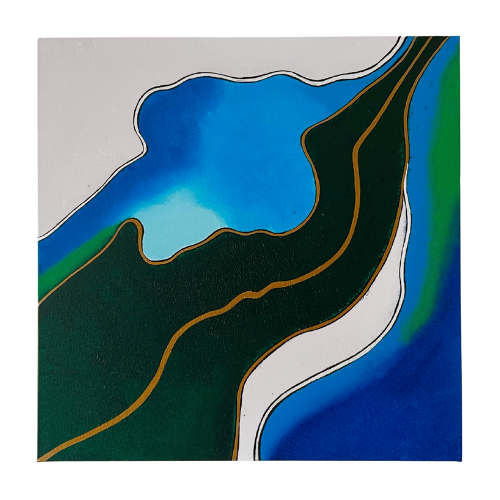 Abstrakte Malerei mit blauen, grünen und schwarzen Farbtönen sowie goldenen Linien.